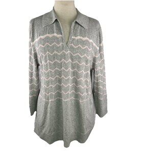 Croft & Barrow XL Womens Gray Pink Chevron Knit Collared 3/4 Sleeve Sweater